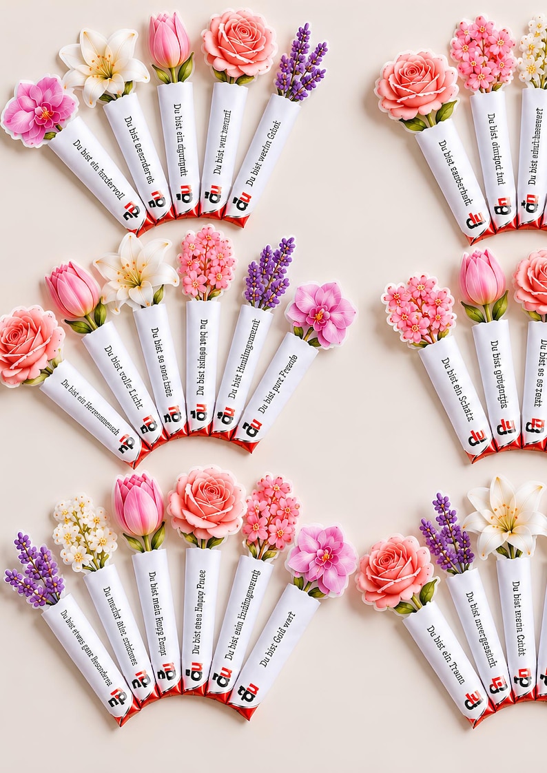 Op de afbeelding: Een verzameling rechthoekige chocoladerepen verpakt in wit papier, elk bekroond met een ander driedimensionaal bloemstuk met rozen, tulpen, lelies en lavendel. Elke wikkel is voorzien van een Duitse tekst en een klein rood logo.