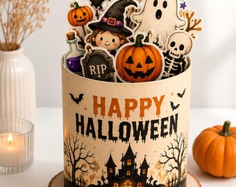 Gruselige Halloween-Vorlage für Duplo-Banderolen | Süße Druckvorlage (PDF) mit Geist, Kürbis, Fledermaus & „Boo“ für Gastgeschenke