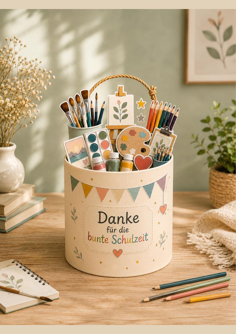 May include: A cylindrical cream-colored gift box with a rope handle, decorated with colorful bunting and the text "Danke f&uuml;r die bunte Schulzeit". The box is filled with art supplies including paintbrushes, colored pencils, paints, and small art-themed cutouts.