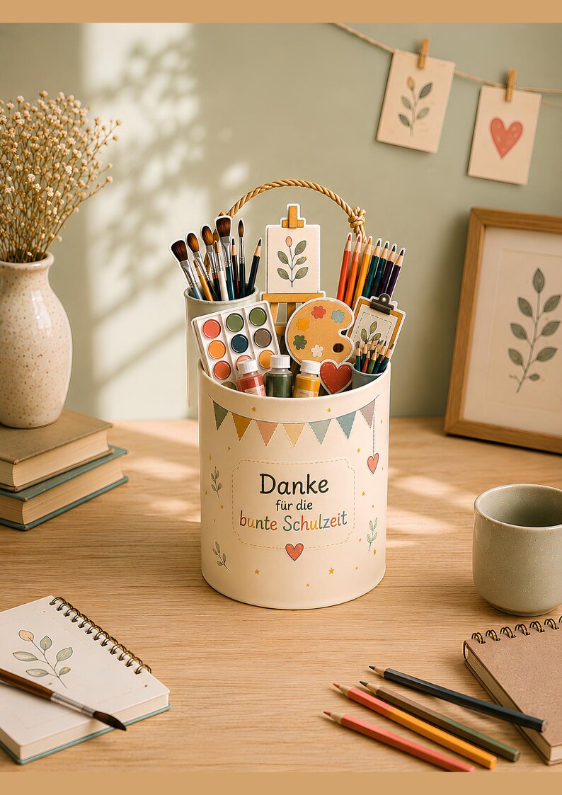 May include: A cylindrical cream-colored container with a rope handle, decorated with colorful bunting and the text "Danke f&uuml;r die bunte Schulzeit". It holds various art supplies including paintbrushes, colored pencils, paint pots, and a palette.
