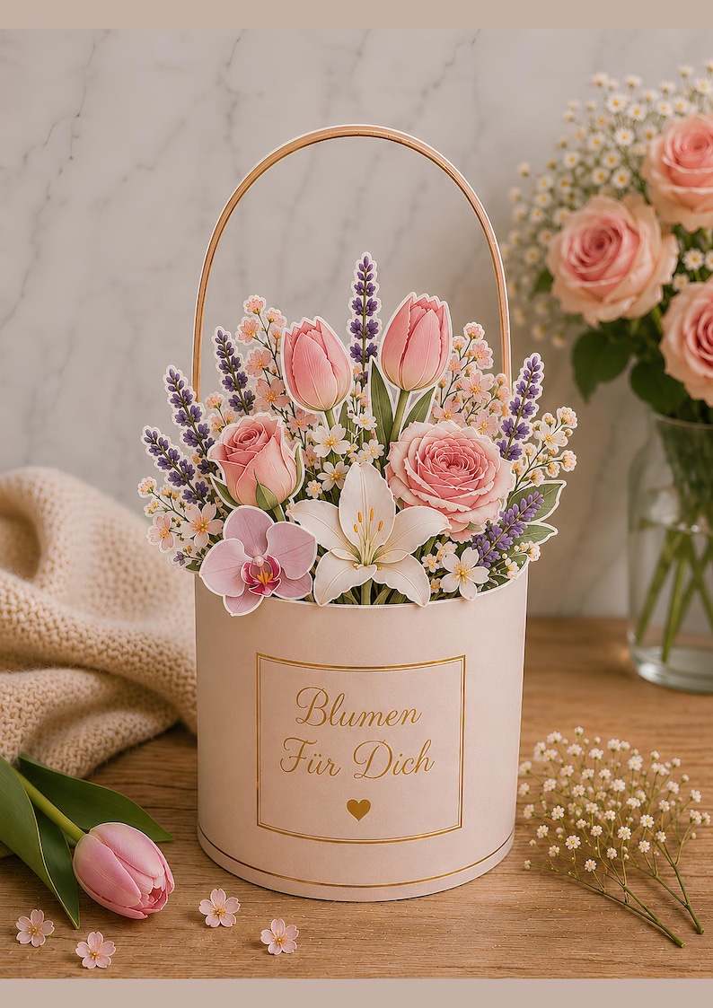 Op de afbeelding: Een cilindervormige lichtroze geschenkdoos met een gouden handvat en de tekst Blumen F&uuml;r Dich op de voorzijde. De doos bevat een papieren uitgesneden arrangement van roze tulpen, rozen, lavendeltakjes, witte lelies en kleine witte bloemen.