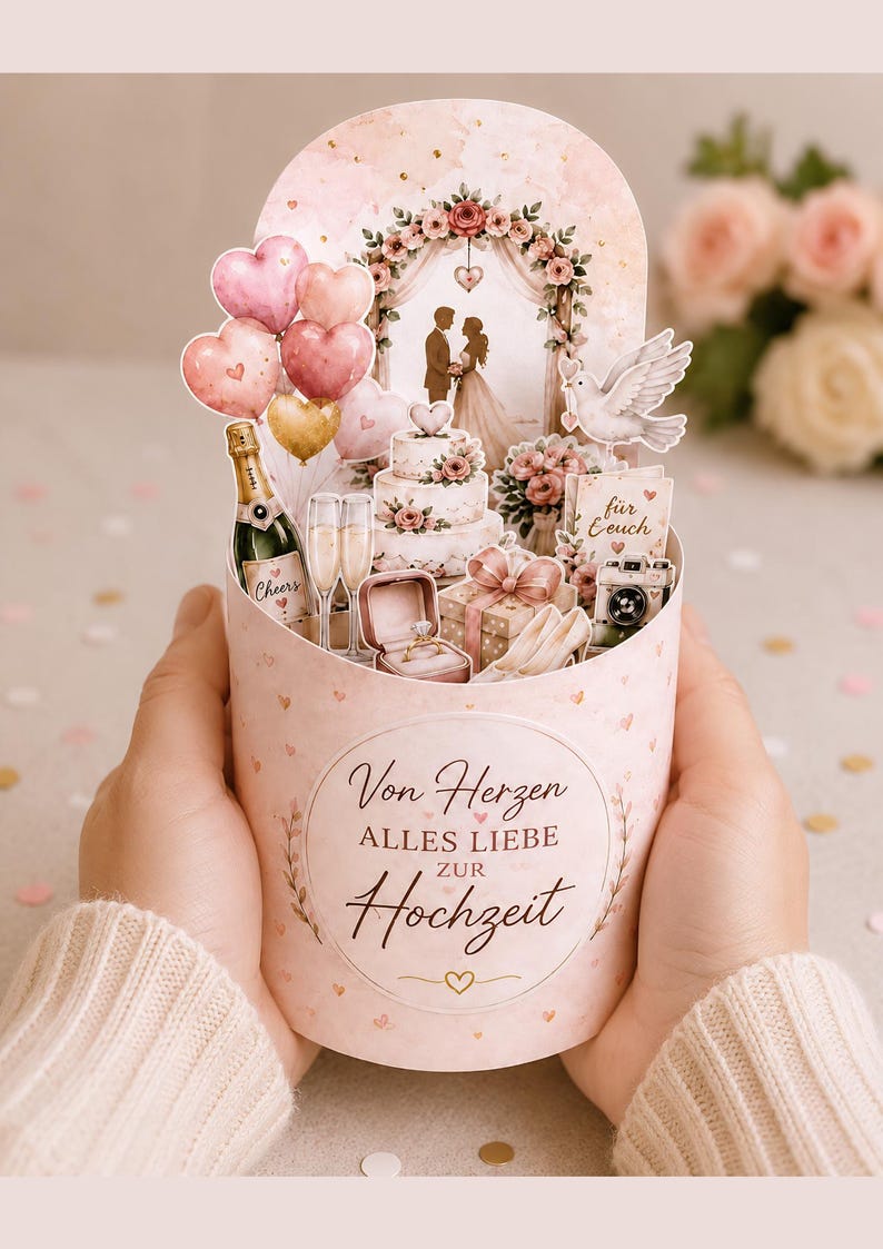 May include: A pink and gold wedding-themed pop-up card with heart-shaped balloons, a tiered cake, champagne, and a ring box. The card features a floral archway and the words "Von Herzen Alles Liebe zur Hochzeit."