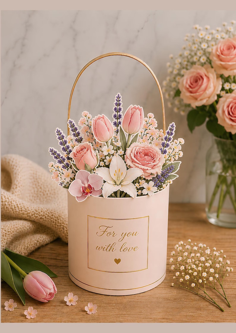 Op de afbeelding: Een cilindervormige lichtroze geschenkdoos met een gouden handvat, voorzien van een bloemstuk met roze rozen, tulpen, een witte lelie, een orchidee en paarse lavendel. De doos heeft een goudomrand label met de tekst For you with love en een hartje.