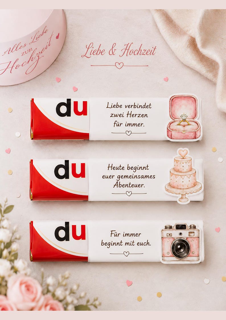 May include: A wedding-themed image featuring three chocolate bars with the word "du" in red and white packaging. Each bar has a different message and illustration: a ring, a cake, and a camera. The text "Liebe & Hochzeit" is also visible.