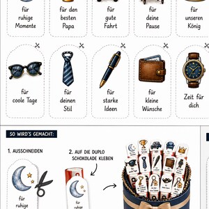 May include: A collection of illustrated gift tags with various designs, including a trophy, car, armchair, crown, sunglasses, tie, pen, wallet, and watch. Each tag has a German phrase. A dark blue box with a gold bow is filled with chocolate bars.