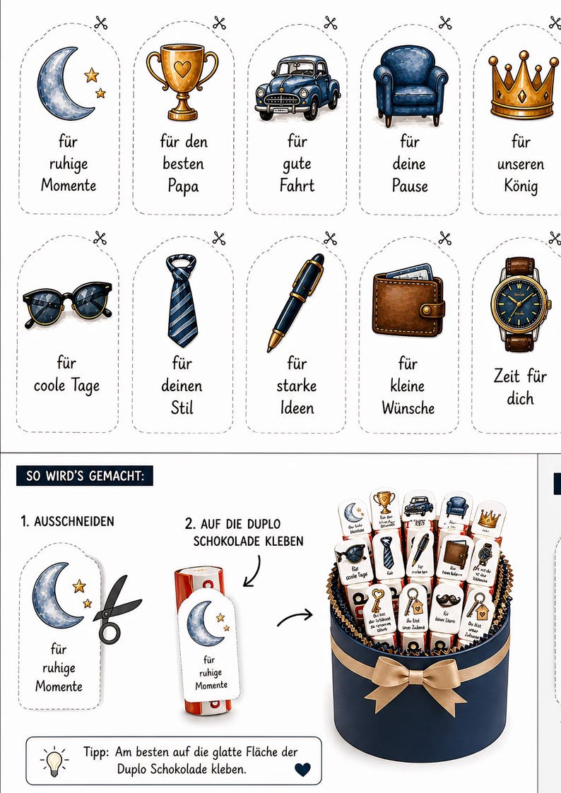 May include: A collection of illustrated gift tags with various designs, including a trophy, car, armchair, crown, sunglasses, tie, pen, wallet, and watch. Each tag has a German phrase. A dark blue box with a gold bow is filled with chocolate bars.