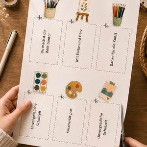 May include: A white sheet of paper featuring six rectangular sections with dashed cut lines, each containing German text and artistic illustrations including paintbrushes, an easel, colored pencils, watercolors, a palette, and a landscape.