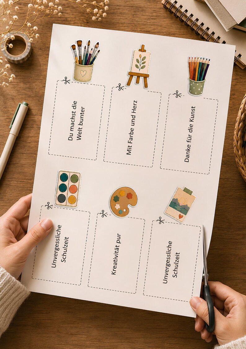 May include: A white sheet of paper featuring six rectangular sections with dashed cut lines, each containing German text and artistic illustrations including paintbrushes, an easel, colored pencils, watercolors, a palette, and a landscape.