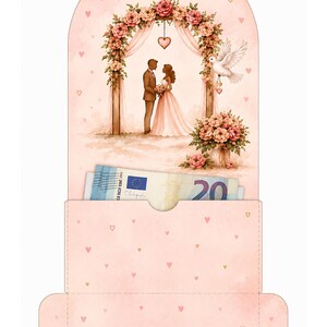 May include: A pink wedding card with a watercolor illustration of a couple under a floral arch. A dove and a bouquet of flowers are also featured. The card has a pocket containing a twenty euro bill. Small pink hearts are scattered across the background.