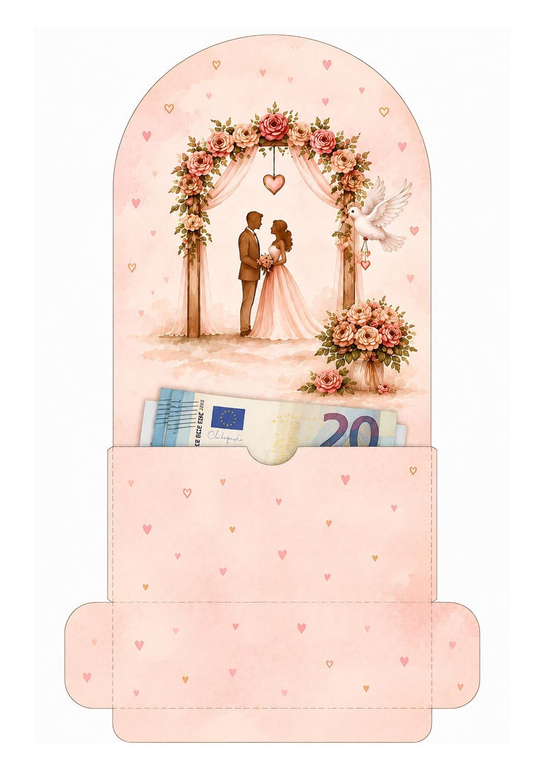 May include: A pink wedding card with a watercolor illustration of a couple under a floral arch. A dove and a bouquet of flowers are also featured. The card has a pocket containing a twenty euro bill. Small pink hearts are scattered across the background.