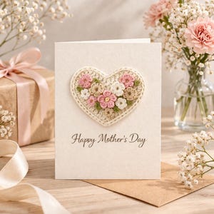 May include: A cream-colored greeting card with a crocheted heart design featuring pink, white, and tan flowers. The card reads "Happy Mother's Day" in black script. A brown envelope and a gift box with a pink ribbon are in the background.