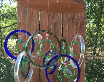 blue, green, clear, lt green, sm GLASS WINDCHIMES-RECYCLED wine bottles, garden decor, wind chimes, mobiles, musical, windchimes, yard art