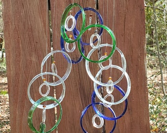 green clear blue  md Helix GLASS WINDCHIMES-RECYCLED Wine Bottles Out door Yard Art Garden Patio Decoration Unique Gifts Home Decor Mobiles