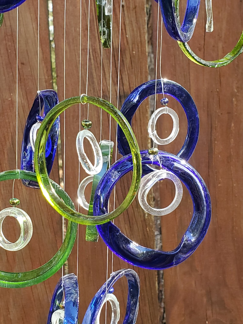 green, blue, clear, xl chandelier ,GLASS WINDCHIMES-RECYCLED wine bottles, garden decor, wind chimes, mobiles, musical, windchimes, yard art image 3