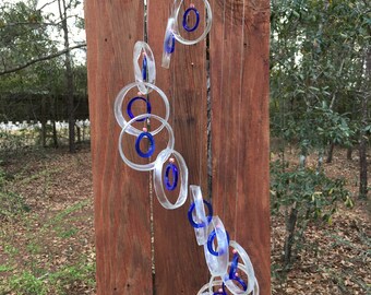 clear blue GLASS WINDCHIMES-RECYCLED Wine Bottles Out door Yard Art Garden Patio Decoration Unique Gifts Home Decor Mobiles Handmade