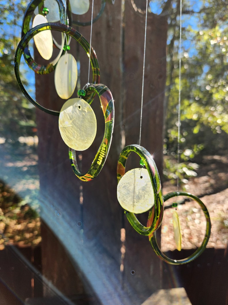 NEW recycled green GLASS bottles with yellow CAPIZ shell centers, yard art outdoor patio garden decor capiz shells windchimes image 3