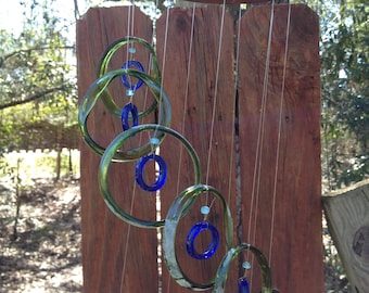 green, blue, GLASS WINDCHIMES- RECYCLED bottles,  garden decor, wind chimes, mobiles, windchimes, soothing music