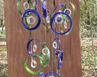 green, blue, clear, xl chandelier ,GLASS WINDCHIMES-RECYCLED wine bottles, garden decor, wind chimes, mobiles, musical, windchimes, yard art