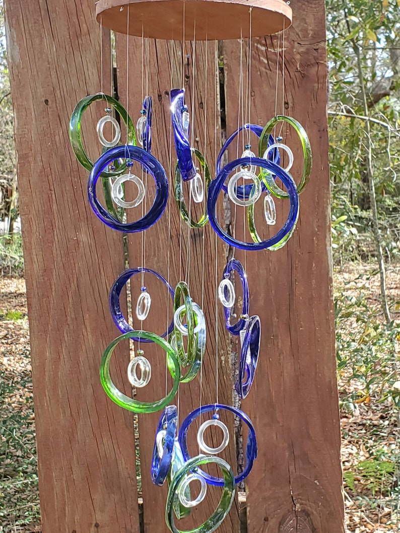 green, blue, clear, xl chandelier ,GLASS WINDCHIMES-RECYCLED wine bottles, garden decor, wind chimes, mobiles, musical, windchimes, yard art image 1