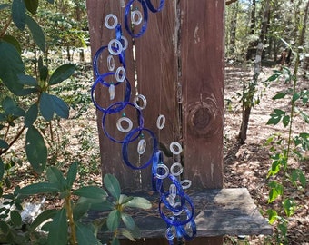 blue clear, GLASS WINDCHIMES-RECYCLED wine bottles, garden decor, wind chimes, mobiles, musical, windchimes, yard art