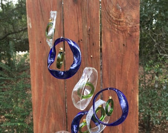 clear, blue, green, GLASS WINDCHIMES-RECYCLED beer bottles, garden decor, wind chimes, mobiles, musical, windchimes, yard art