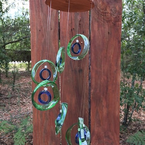 green, blue, GLASS WINDCHIMES-RECYCLED beer bottles, garden decor, wind chimes, mobiles, musical, windchimes, yard art image 1