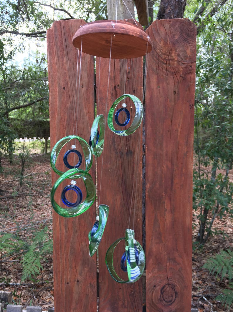 green, blue, GLASS WINDCHIMES-RECYCLED beer bottles, garden decor, wind chimes, mobiles, musical, windchimes, yard art image 1