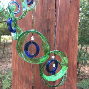 green, blue, GLASS WINDCHIMES-RECYCLED beer bottles, garden decor, wind chimes, mobiles, musical, windchimes, yard art image 2