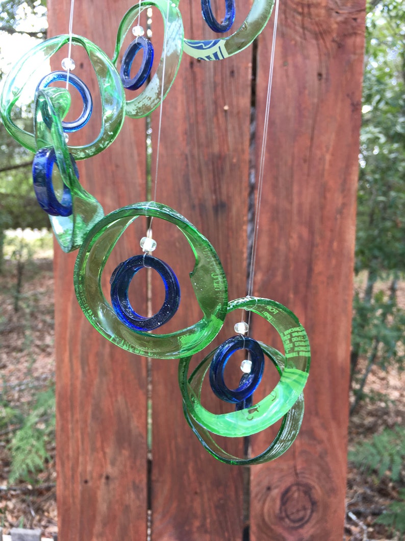 green, blue, GLASS WINDCHIMES-RECYCLED beer bottles, garden decor, wind chimes, mobiles, musical, windchimes, yard art image 2