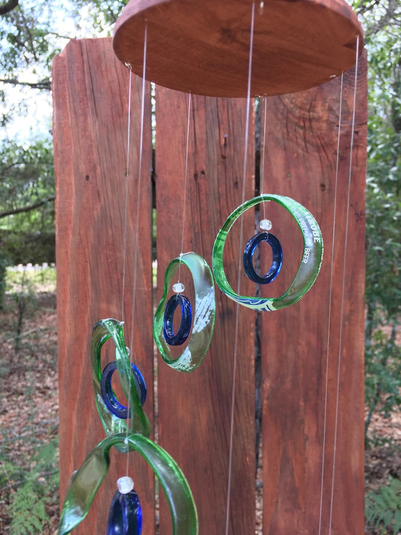 green, blue, GLASS WINDCHIMES-RECYCLED beer bottles, garden decor, wind chimes, mobiles, musical, windchimes, yard art image 3