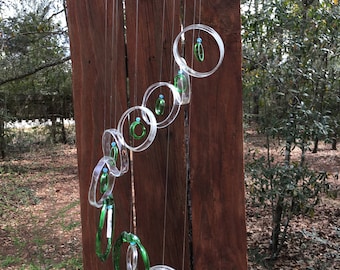 clear lt green  GLASS WINDCHIMES-RECYCLED Wine Bottles Out door Yard Art Garden Patio Decoration Unique Gifts Home Decor Mobiles Handmade