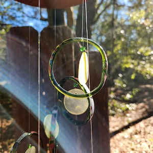 NEW recycled green GLASS bottles with yellow CAPIZ shell centers, yard art outdoor patio garden decor capiz shells windchimes image 4