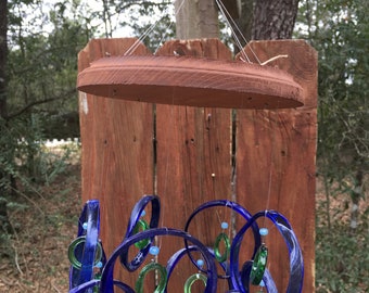 blue, green sm chandelier GLASS WINDCHIMES-RECYCLED wine bottles, garden decor, wind chimes, mobiles, musical, windchimes, yard art