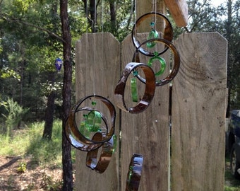 brown, green, GLASS WINDCHIMES-RECYCLED beer bottles, garden decor, wind chimes, mobiles, musical, windchimes, yard art