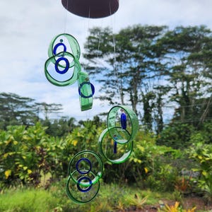 Recycled Beer Bottle Wind Chime: Green & Cobalt Blue Glass Garden Decor