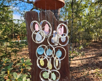 NEW clear GLASS rings with CAPIZ shells, xl chandelier garden decor patio decor yard art windchimes capiz shells