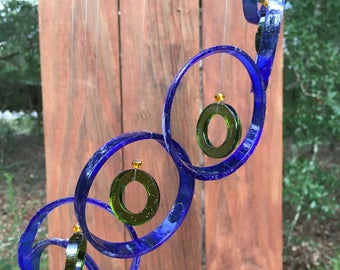 blue, green, GLASS WINDCHIMES-RECYCLED wine bottles, garden decor, wind chimes, mobiles, musical, windchimes, yard art