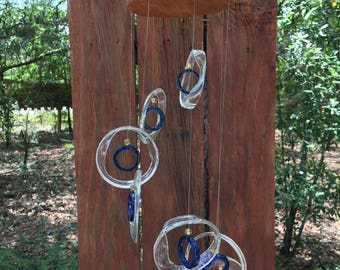 clear, blue ,GLASS WINDCHIMES-RECYCLED beer bottles, garden decor, wind chimes, mobiles, musical, windchimes, yard art