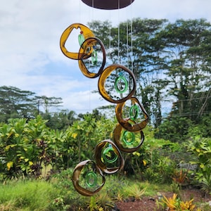Brown lt green  GLASS WINDCHIMES-RECYCLED beer bottles, garden decor, wind chimes, mobiles, musical, windchimes, yard art