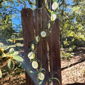 NEW recycled green GLASS bottles with yellow CAPIZ shell centers, yard art outdoor patio garden decor capiz shells windchimes image 1