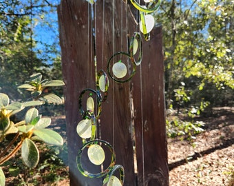 NEW recycled green GLASS bottles with yellow CAPIZ shell centers, yard art outdoor patio garden decor capiz shells windchimes
