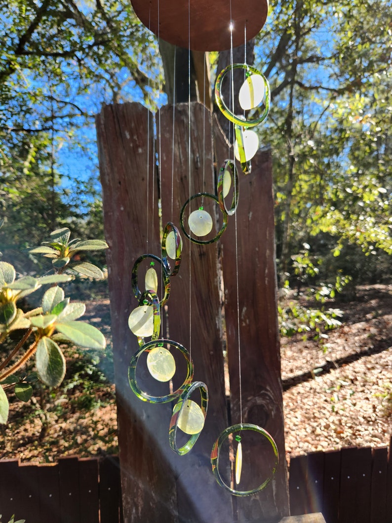 NEW recycled green GLASS bottles with yellow CAPIZ shell centers, yard art outdoor patio garden decor capiz shells windchimes image 1