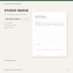 Può includere: Un modulo digitale di registro ordini di studio con sfondo color crema chiaro e testo verde scuro. Il documento presenta un layout a griglia per tracciare gli ordini di trapunte, incluse colonne per ID lavoro, cliente, servizio, data target e stato, in A4 e US Letter.