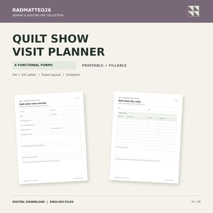 Può includere: Una collezione digitale di pianificatori per visite a mostre di quilting con sei moduli stampabili e compilabili. Il documento include una pagina di panoramica della visita e una pagina per l'itinerario giornaliero in formato A4 e US Letter.
