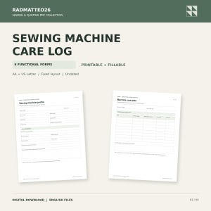 Può includere: Una raccolta digitale di registri di manutenzione per macchine da cucire con sei moduli stampabili e compilabili. Il documento include un profilo della macchina da cucire e un piano di manutenzione con campi per i dettagli e la cronologia.