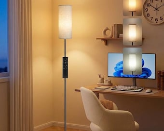 Modern Dimmable Floor Lamp with Remote, 64” Tall LED Standing Lamp, Minimalist Beige Fabric Shade, Adjustable Color Temperature 3000K-6500K
