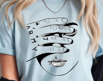 Comfort Colors® Jung Kook Tattoo Graphic Tee, ARMY + J & Tattoo Symbol Art Shirt, Minimalist Hand Over Face Portrait, Comeback Kpop Merch