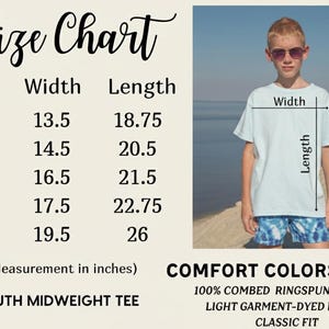 May include: A size chart for a youth midweight tee, Comfort Colors 9018, featuring a table with sizes XS to XL and corresponding width and length measurements in inches. The text includes 100% combed ringspun cotton and light garment-dyed fabric.