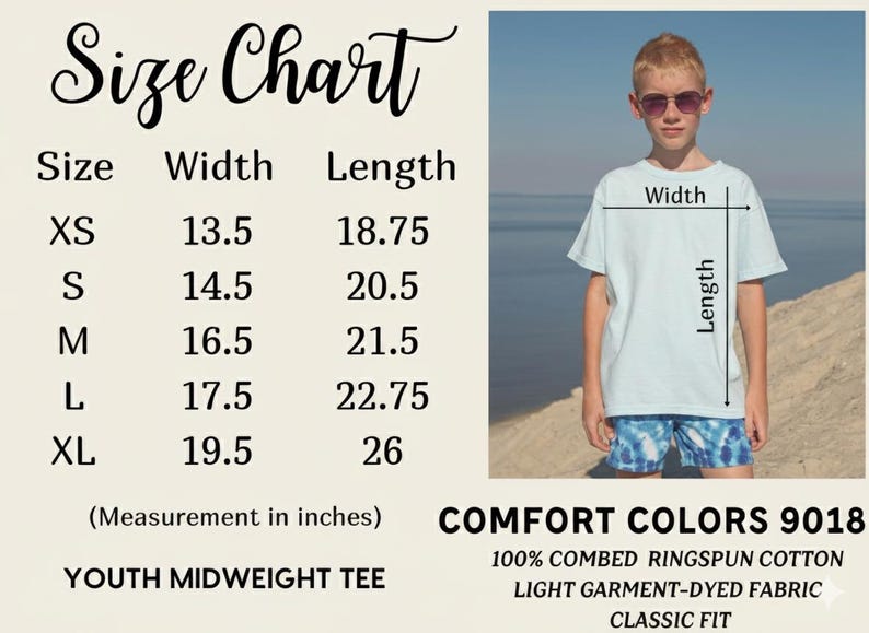 May include: A size chart for a youth midweight tee, Comfort Colors 9018, featuring a table with sizes XS to XL and corresponding width and length measurements in inches. The text includes 100% combed ringspun cotton and light garment-dyed fabric.