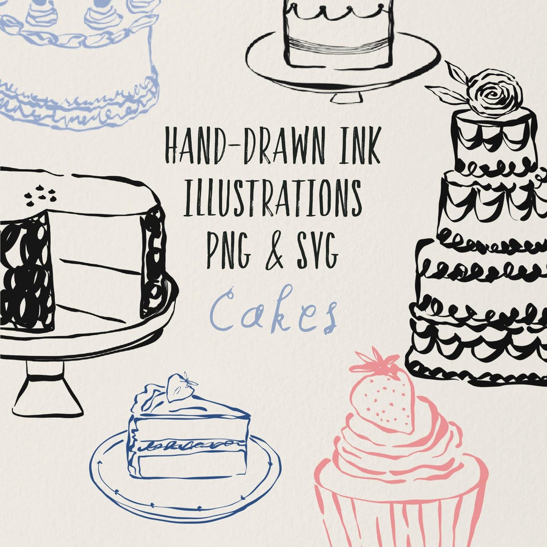 Hand Drawn Cake Illustrations PNG SVG | Whimsical Ink Cakes | Wedding ...